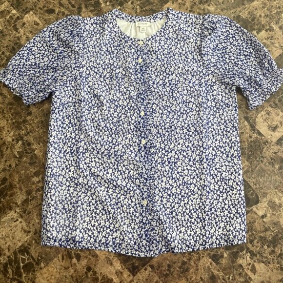 J.CREW BLOUSE SHORT SLEEVE SZ XS BLUE FLORAL COTTAGECORE PREPPY CHIC RUFFLE - Picture 12 of 16